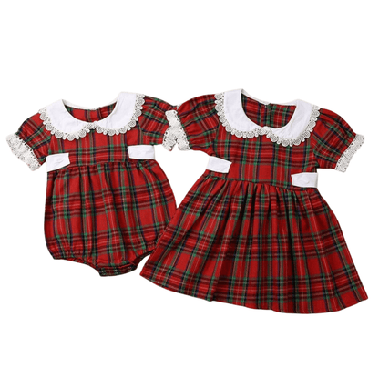Toddler girl's red plaid dress with white collar, ideal for matching sibling outfits and holiday fashion.