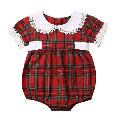 Matching two-piece set: a baby girl's red plaid romper and a toddler girl's dress, coordinating cotton outfits.