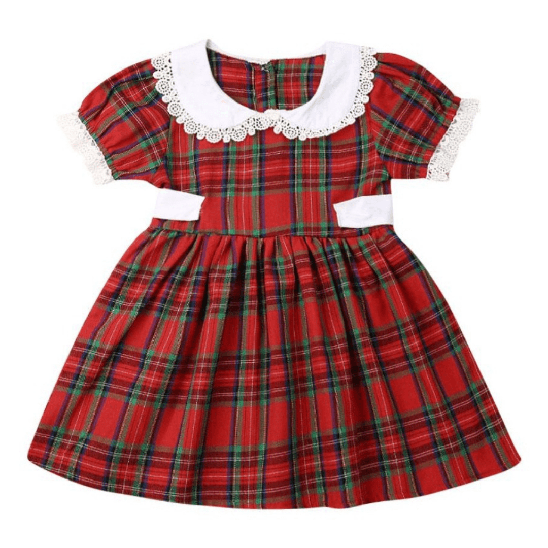Back view of the girl's plaid romper with snap closures, comfortable and stylish for kids fashion.