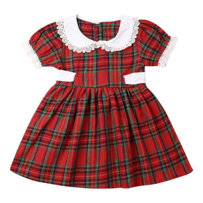 Back view of the girl's plaid romper with snap closures, comfortable and stylish for kids fashion.