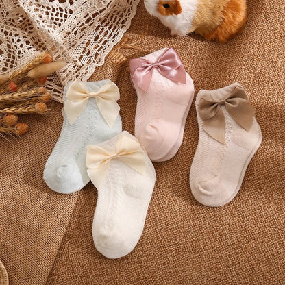 Girls' 3-pack mesh ankle socks with dainty bows, breathable cotton blend for infants & toddlers