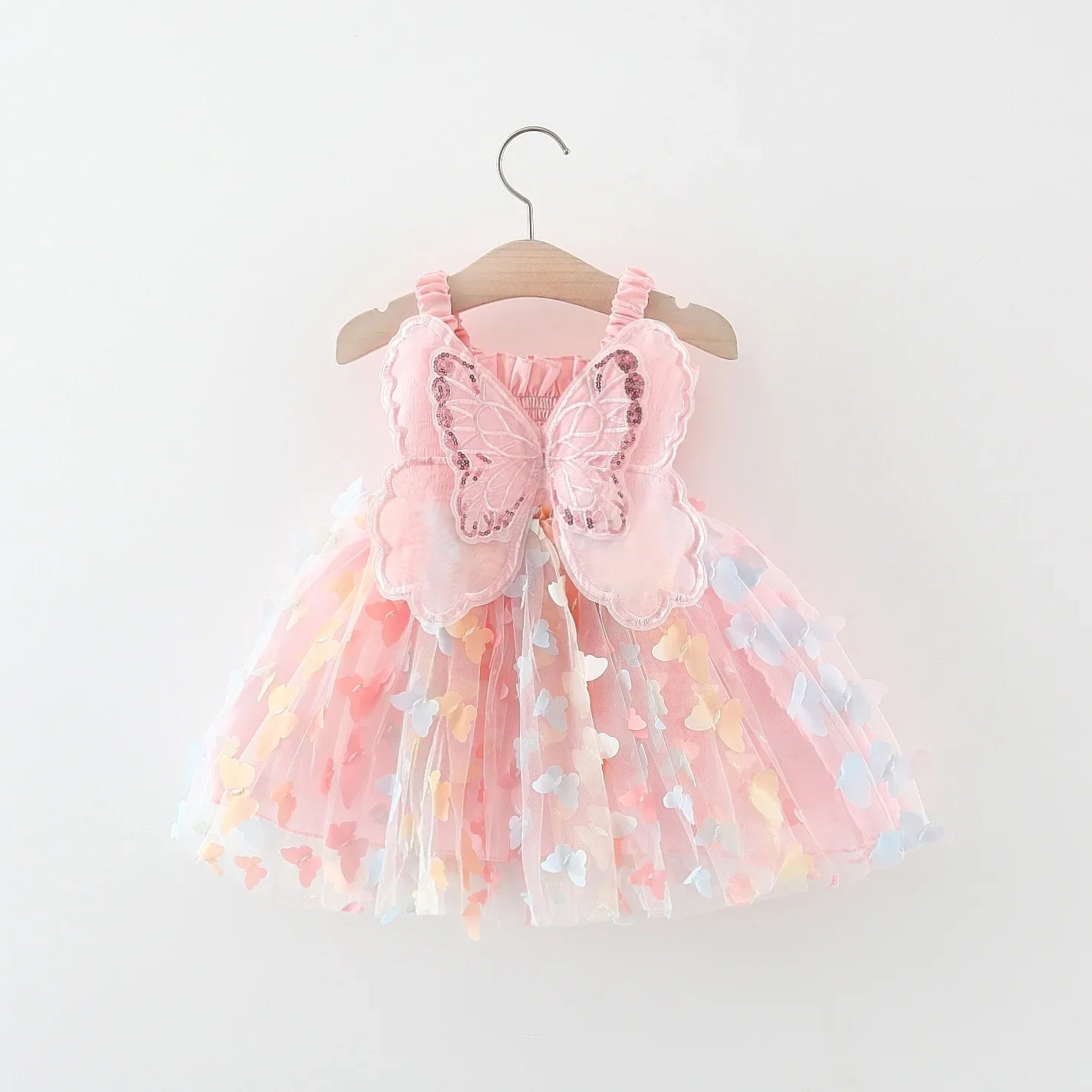 Full shot of a girls' A-line 3D butterfly princess summer dress perfect for parties
