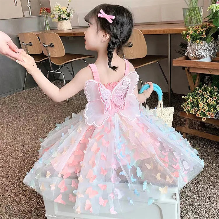 Pink cotton blend girls' dress featuring delicate 3D butterflies, perfect princess party wear