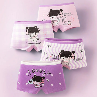 Durable cotton girls' underwear set, 4-pack with assorted cartoon styles