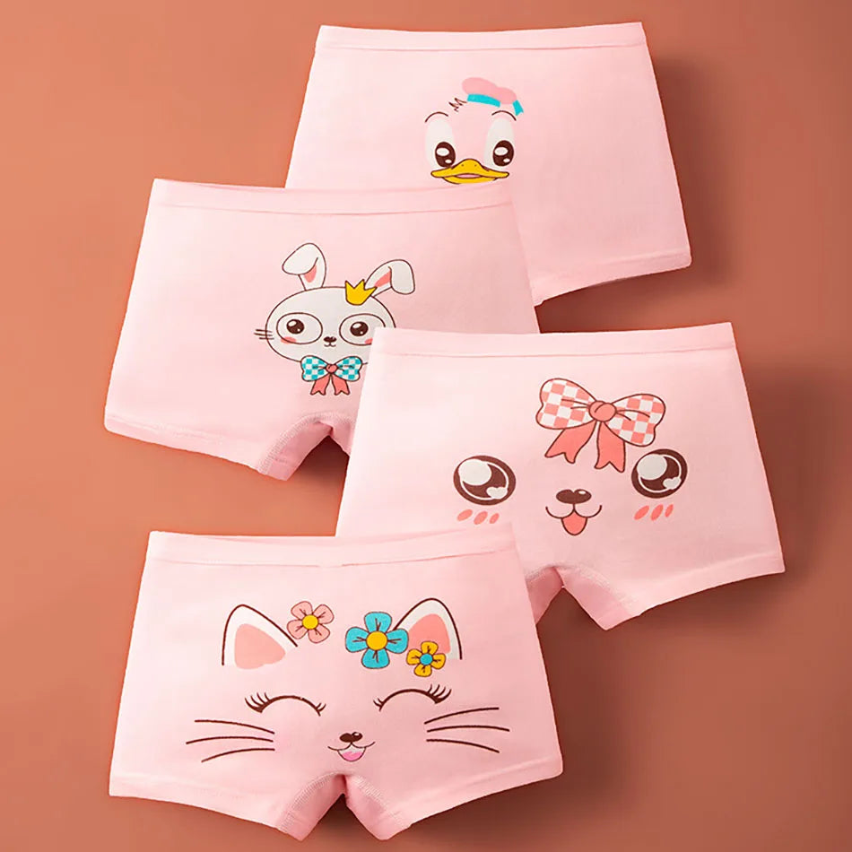 Playful girls' underpants set, 4-pack of pure cotton with animated designs