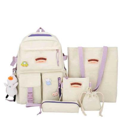 Full view of girls' back to school 4-piece set: student backpack, matching tote, shoulder messenger bag, and pencil case.