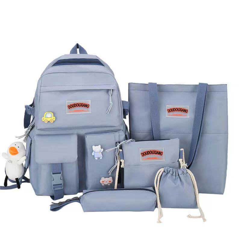 Versatile girls' 4-piece school accessories set: nylon backpack, lunch tote, small messenger bag, and student pencil case.