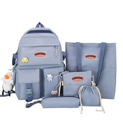 Versatile girls' 4-piece school accessories set: nylon backpack, lunch tote, small messenger bag, and student pencil case.
