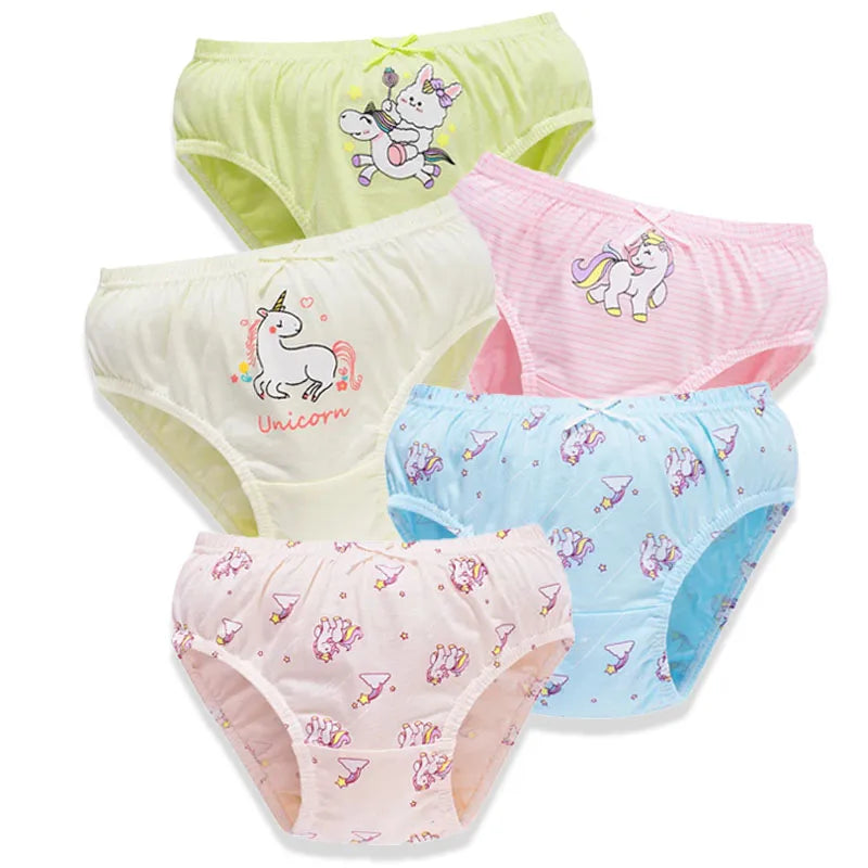 Breathable 5-pack cotton underwear for girls, diverse cartoon and unicorn designs