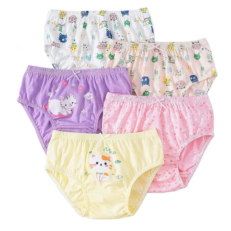 Childrens clothing: 5-pack girls' cotton underwear with playful cartoon animal motifs