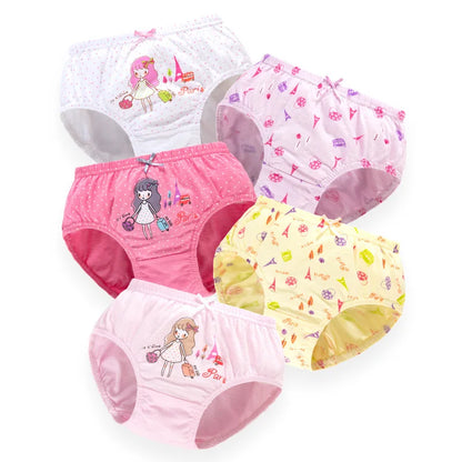Girls' breathable 5-pack cotton underwear set, with cheerful cartoon animal graphics