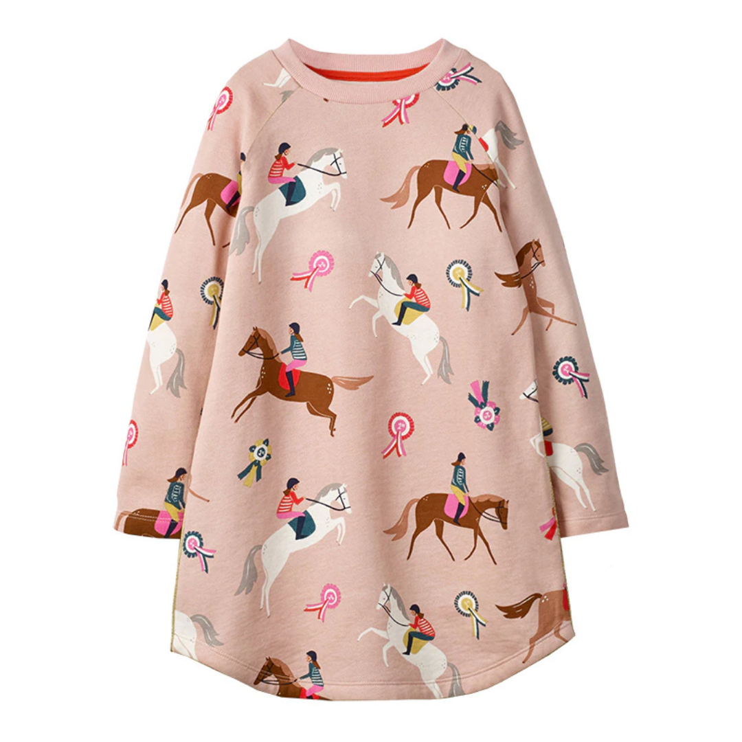 Girls' adorable equestrian print long sleeve cotton dress. Comfy O-neck for toddlers & kids, perfect for fall/spring.