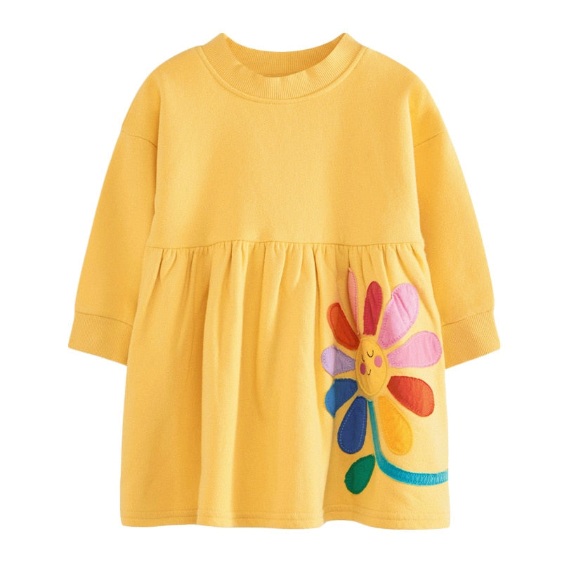 Durable girls' equestrian print long sleeve cotton dress. Comfy, easy-care children's clothing for everyday wear.