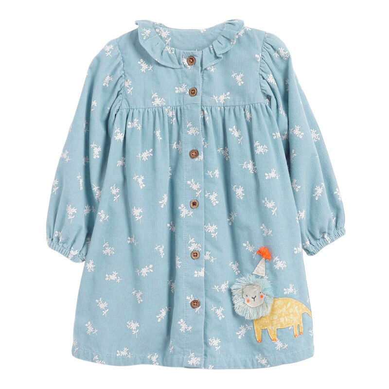Close-up of adorable equestrian print on girls' long sleeve cotton dress. Cute detail for toddlers & kids.