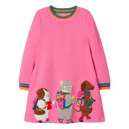 Fall/Spring girls' long sleeve cotton dress with equestrian print. Casual & comfy O-neck style for kids' fashion.