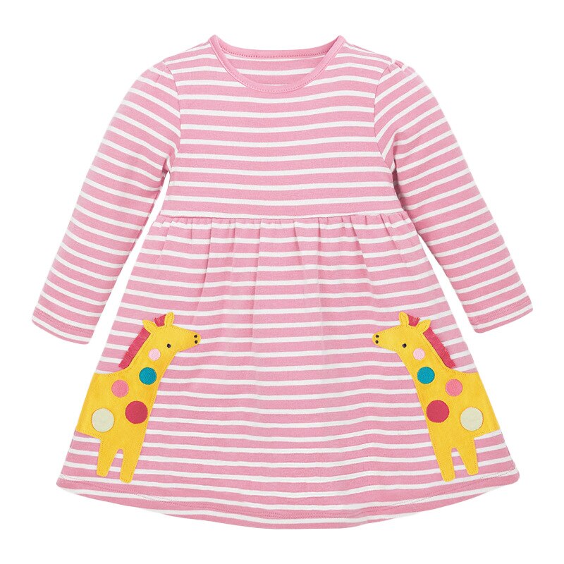 O-neck girls' equestrian print long sleeve cotton dress. Soft, comfortable children's fashion for fall & spring.