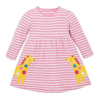 O-neck girls' equestrian print long sleeve cotton dress. Soft, comfortable children's fashion for fall & spring.
