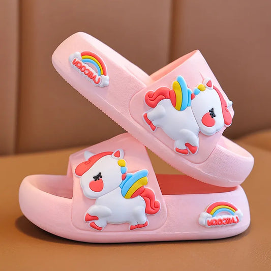 Girls' anti-slip unicorn flip-flops, pink with cartoon unicorn, side view.