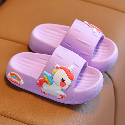 Cartoon unicorn flip-flops for toddlers, durable anti-slip footwear for active girls.