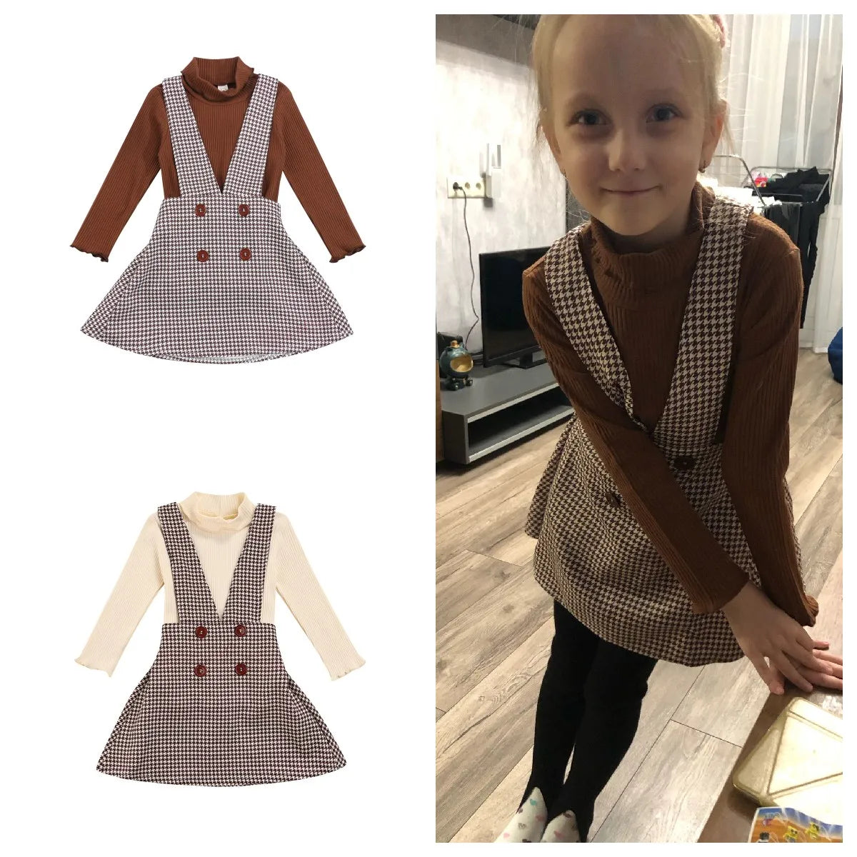 Children's autumn fashion set with a comfortable plain turtleneck and a brown, red, and blue plaid skirt.
