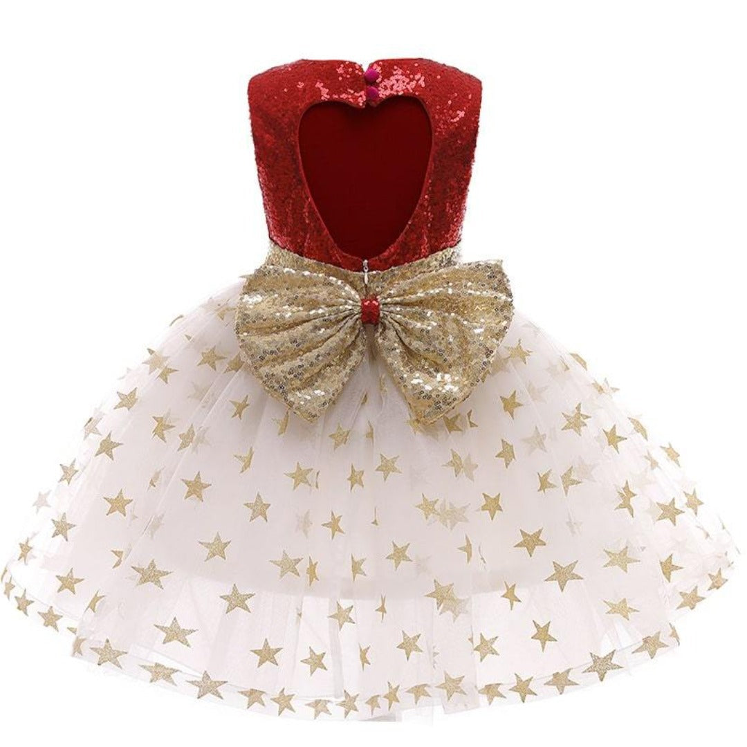 Girls' backless sequin & star princess dress. Perfect toddler party dress for special occasions, cotton blend comfort.