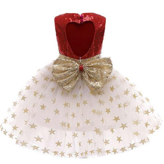 Girls' backless sequin & star princess dress. Perfect toddler party dress for special occasions, cotton blend comfort.