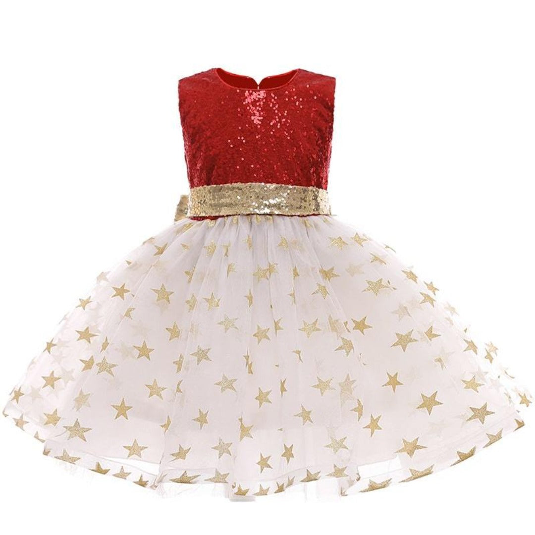 Toddler girls' backless princess dress, shimmering sequins & stars. Ideal formal party wear for special events.
