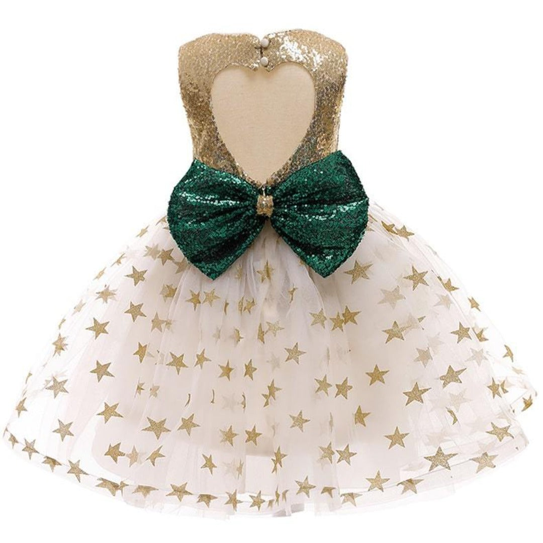Elegant girls' sequin star princess dress, backless design. Perfect kids fashion for parties & special occasions.