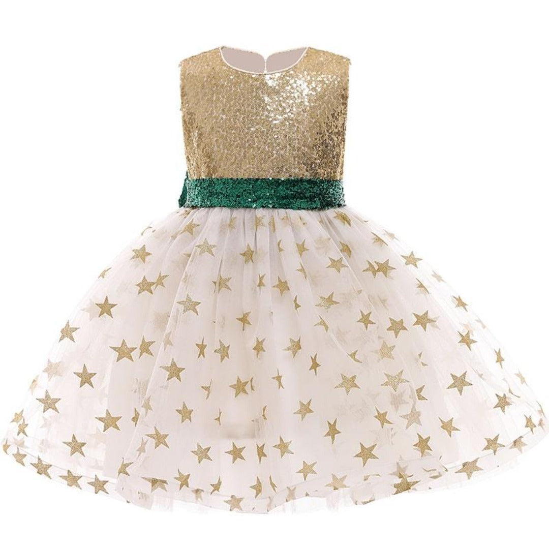 Comfortable cotton blend girls' backless sequin star dress. A beautiful princess party dress for toddlers.