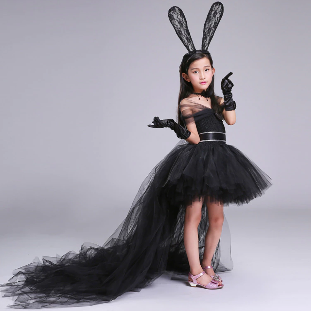 Girls black bunny princess tulle party dress, off-shoulder & sleeveless with optional train