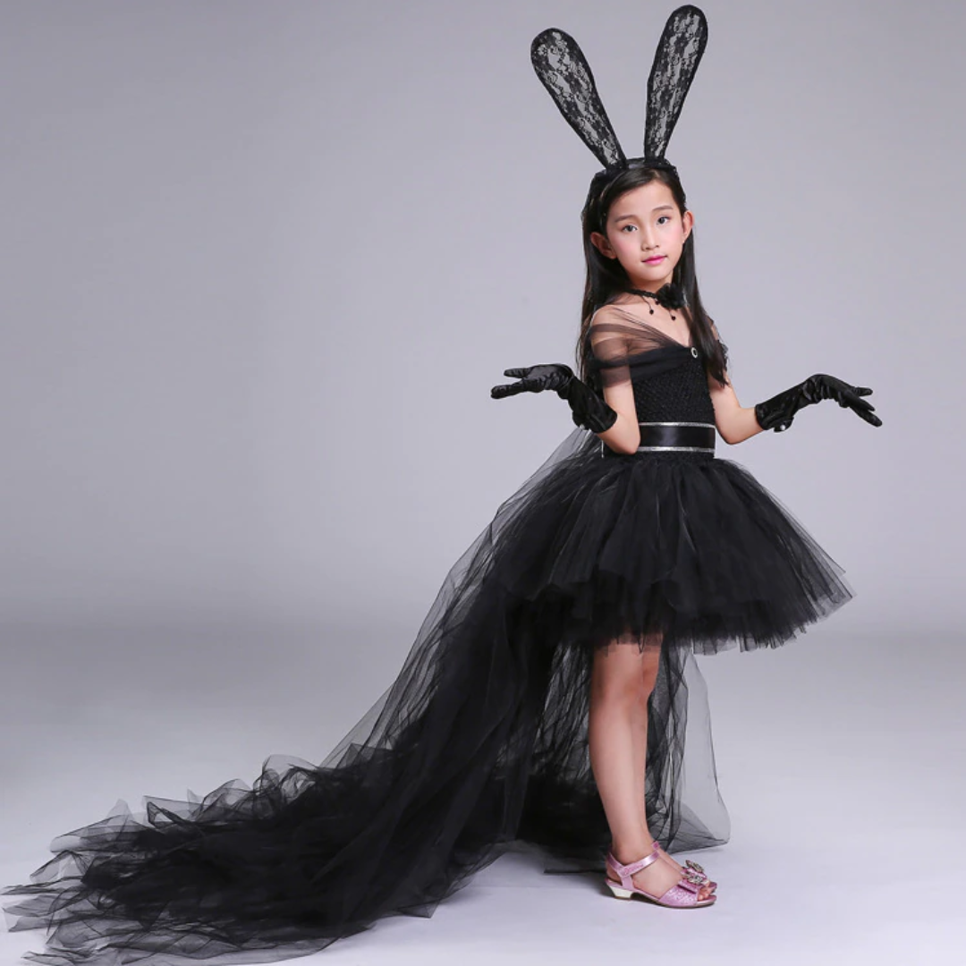 Close-up of girls black bunny princess tulle dress, perfect for parties & special occasions