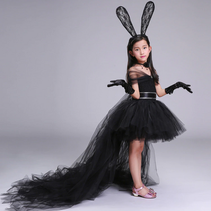 Close-up of girls black bunny princess tulle dress, perfect for parties & special occasions