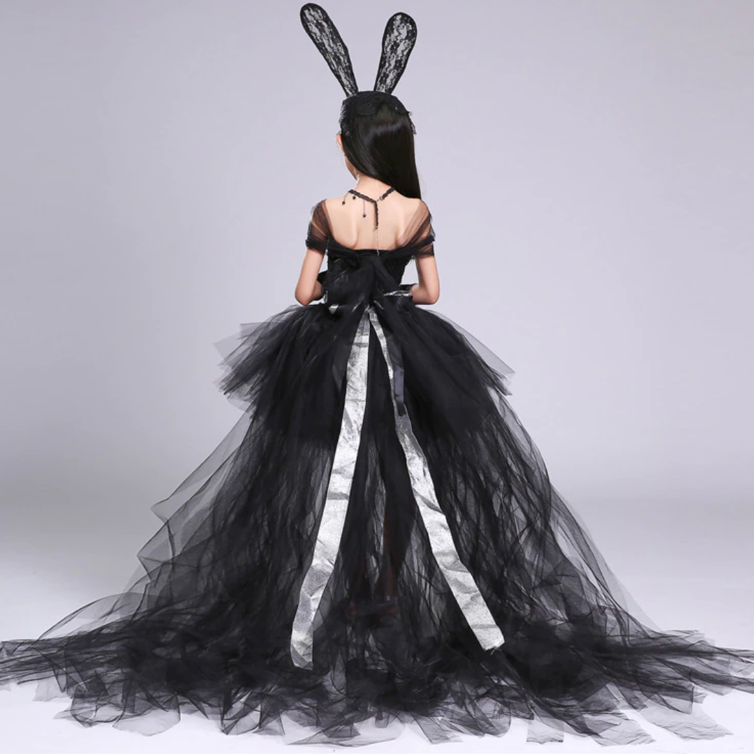 Full shot of a black bunny theme princess dress for girls, with a beautiful trailing option
