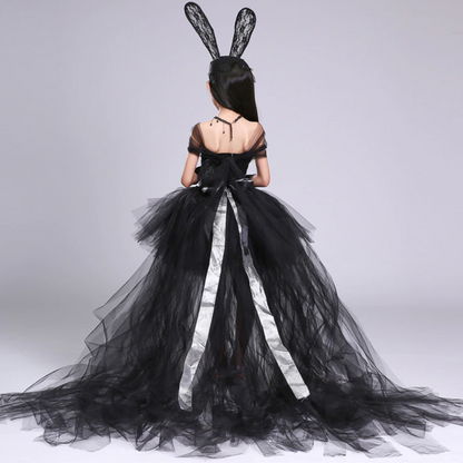 Full shot of a black bunny theme princess dress for girls, with a beautiful trailing option