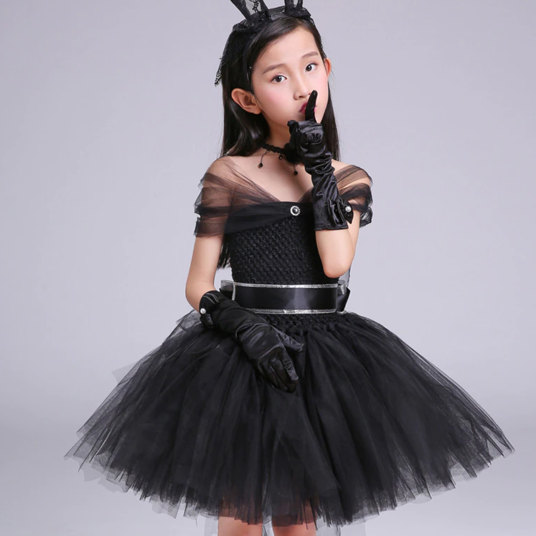 Kids fashion: black off-shoulder sleeveless tulle party dress featuring a cute bunny design