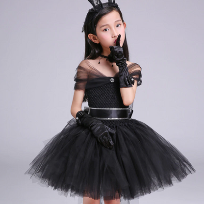 Kids fashion: black off-shoulder sleeveless tulle party dress featuring a cute bunny design