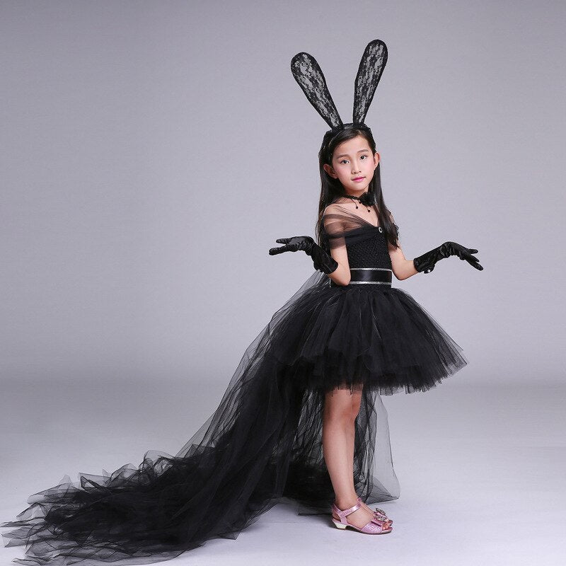 Elegant girls black princess tulle dress; charming bunny theme, long optional train for parties
