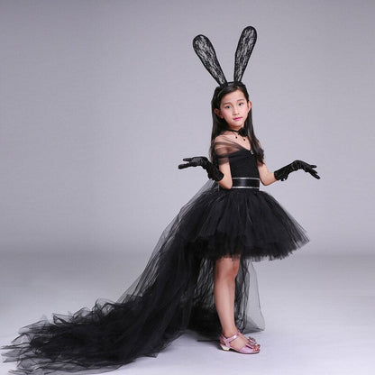 Elegant girls black princess tulle dress; charming bunny theme, long optional train for parties