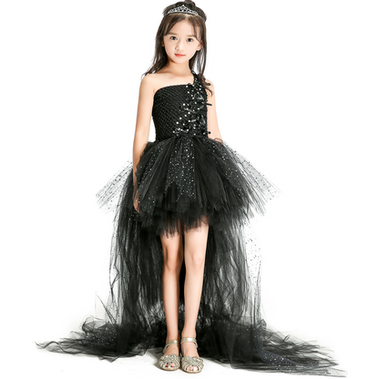 Girls black starry trailing tulle party dress, sleeveless, for special occasions or holidays