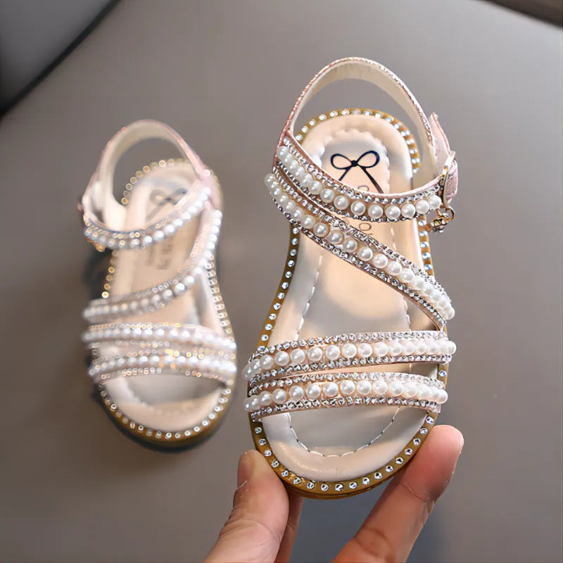 Girls' bling rhinestone princess summer sandals with flower accents, hook and loop closure
