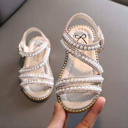 Girls' bling rhinestone princess summer sandals with flower accents, hook and loop closure