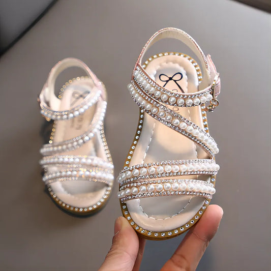 Girls' bling rhinestone princess summer sandals with flower accents, hook and loop closure