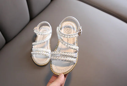 Flower and rhinestone summer sandals for little girls, easy hook and loop closure
