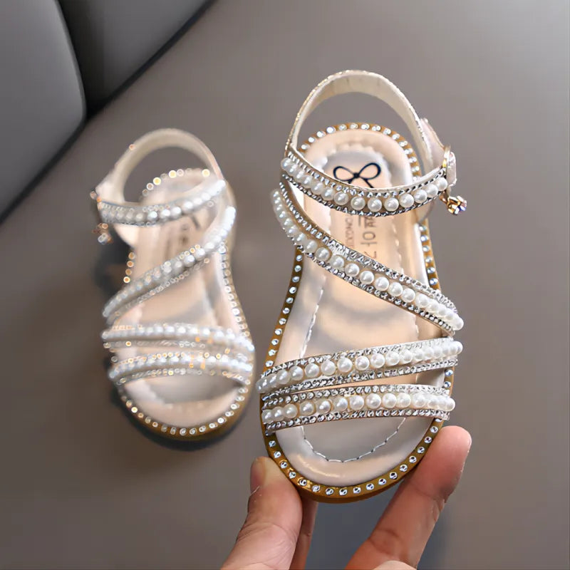 Toddler girls' pink rhinestone princess sandals, comfortable hook loop summer shoes