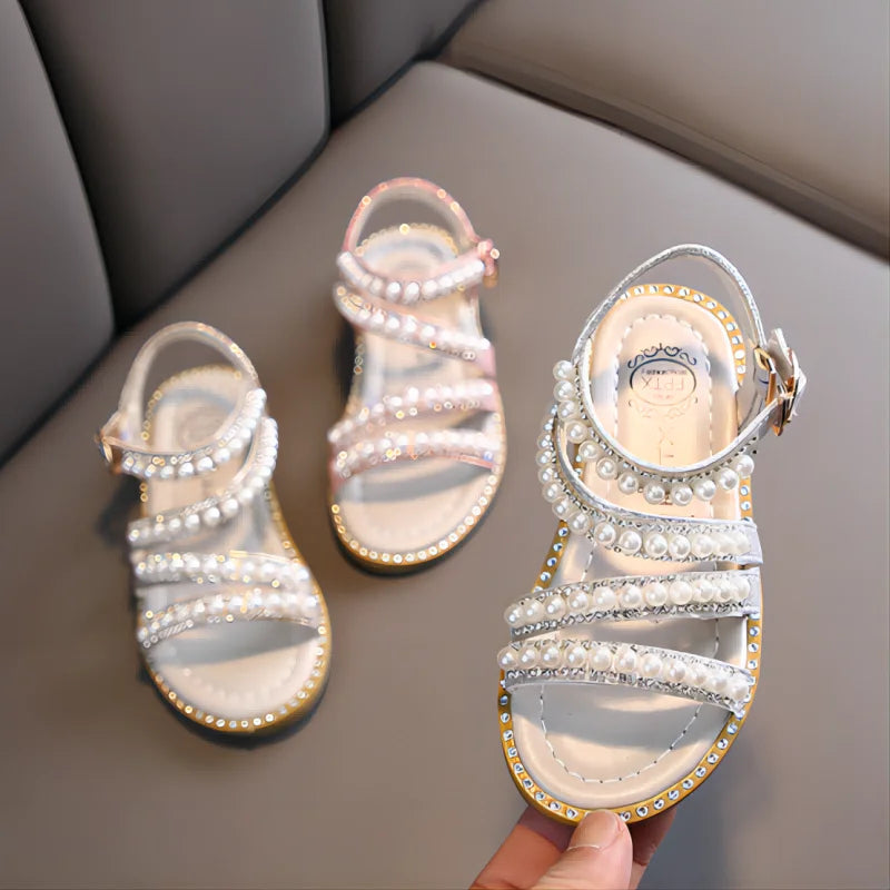 Girls' fashion rhinestone flower sandals, perfect for summer, easy hook loop