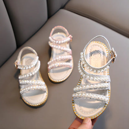 Girls' fashion rhinestone flower sandals, perfect for summer, easy hook loop