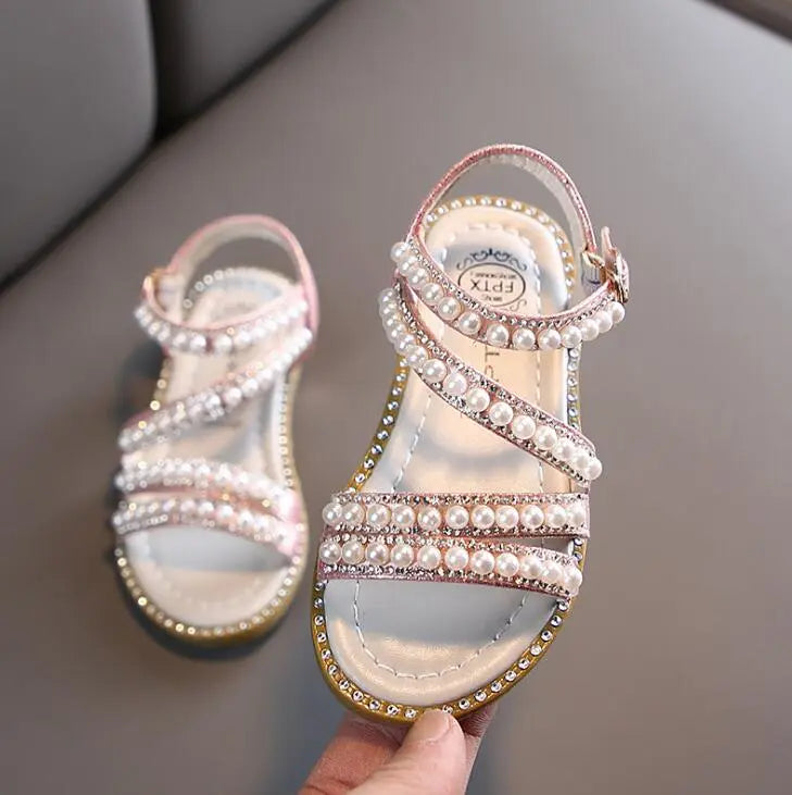 Pair of girls' rhinestone princess sandals, ideal for summer, hook and loop fastening