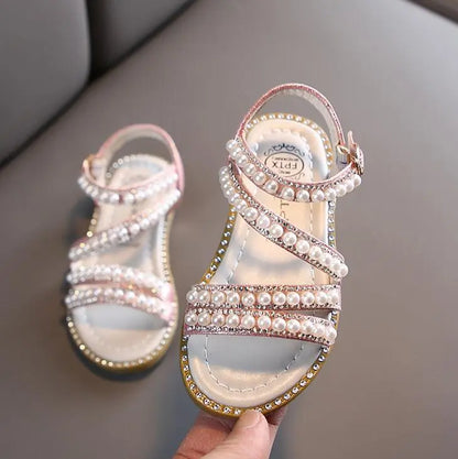 Pair of girls' rhinestone princess sandals, ideal for summer, hook and loop fastening