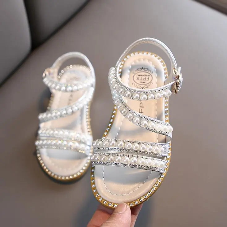 Girls' pink princess sandals, adorned with rhinestones, hook and loop summer footwear