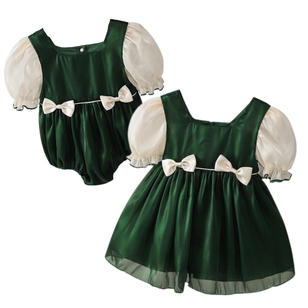 Girls' bow design puff sleeve dress & matching romper set in cotton blend, perfect for toddlers' birthday.